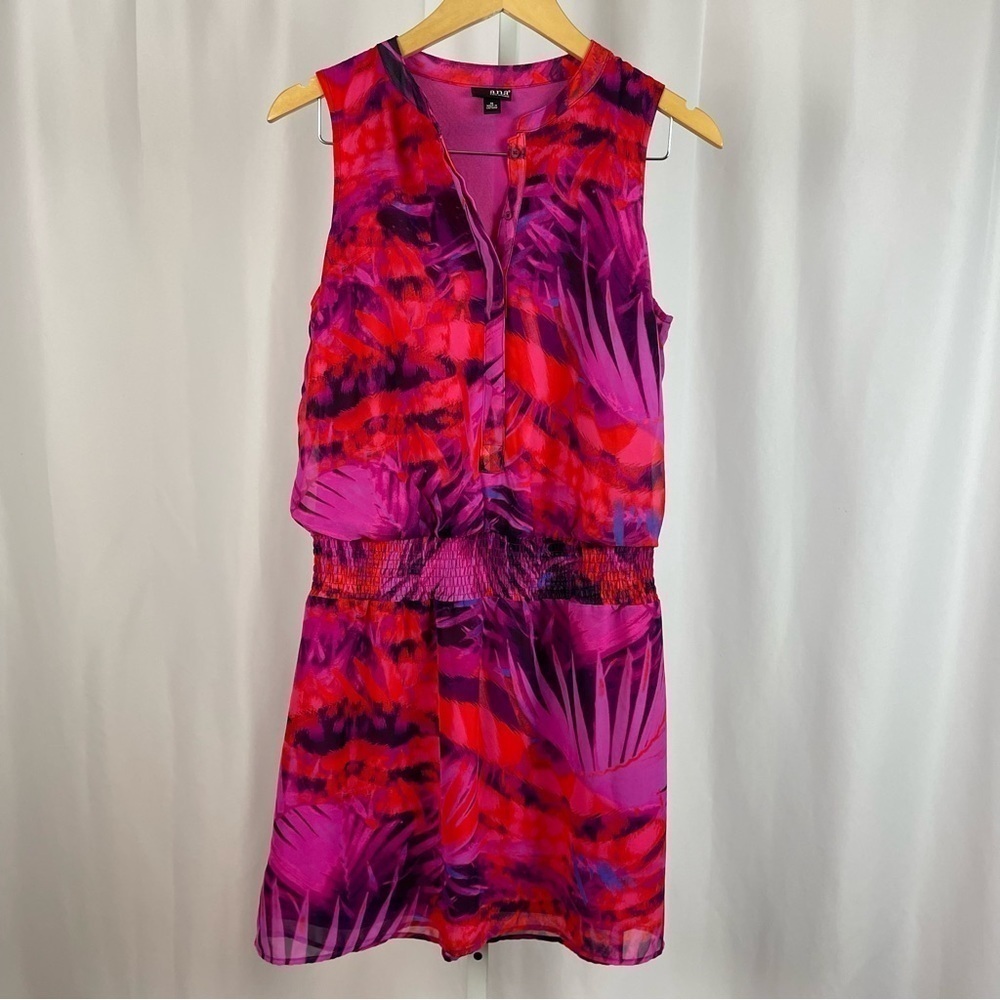 ana Medium Neon Tropical Print Flowy Blouson Vacation Dress Tank Button Front